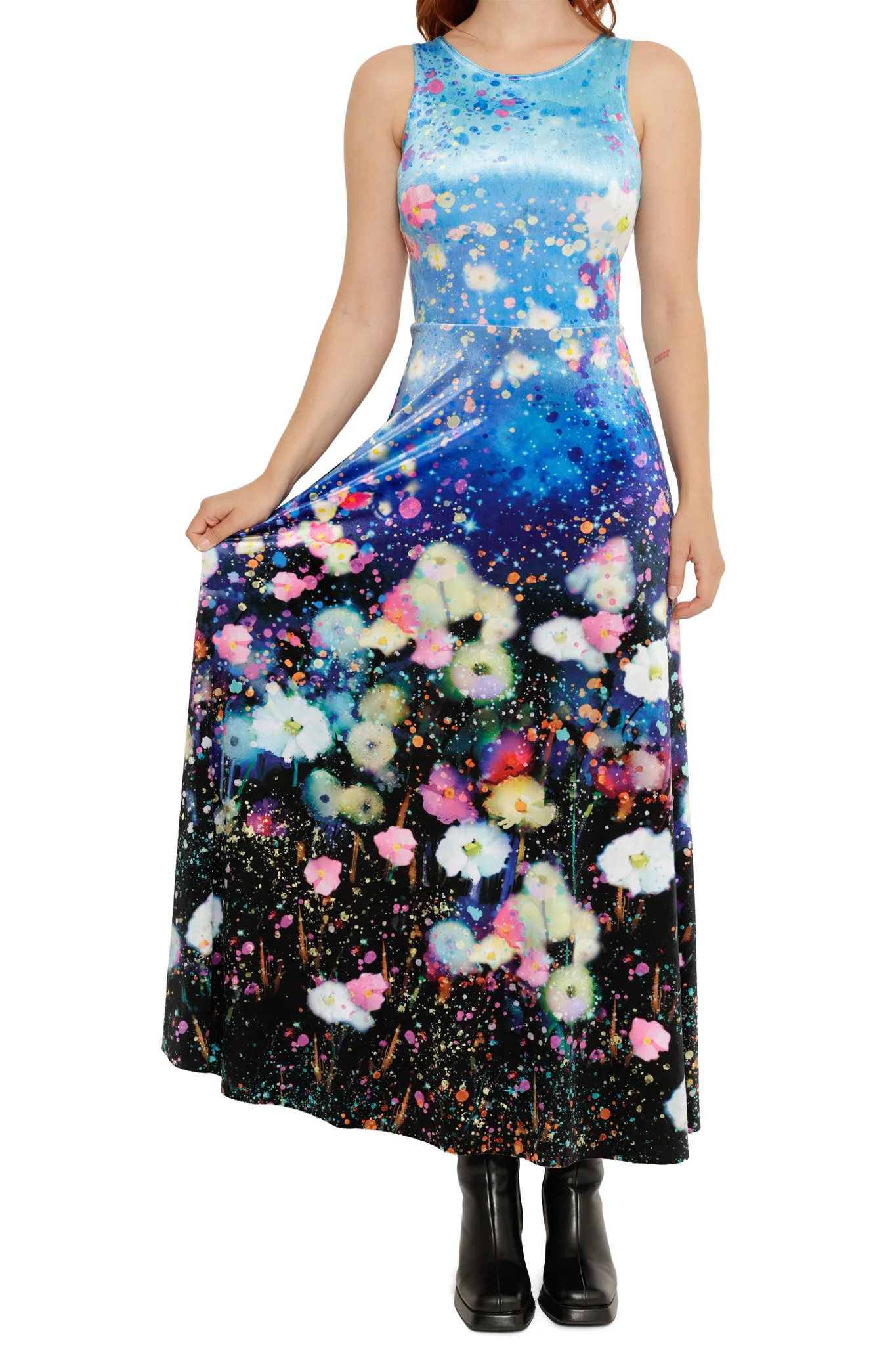 Dreaming in Twilight Watercolours Velvet Princess Maxi Dress - Image 3