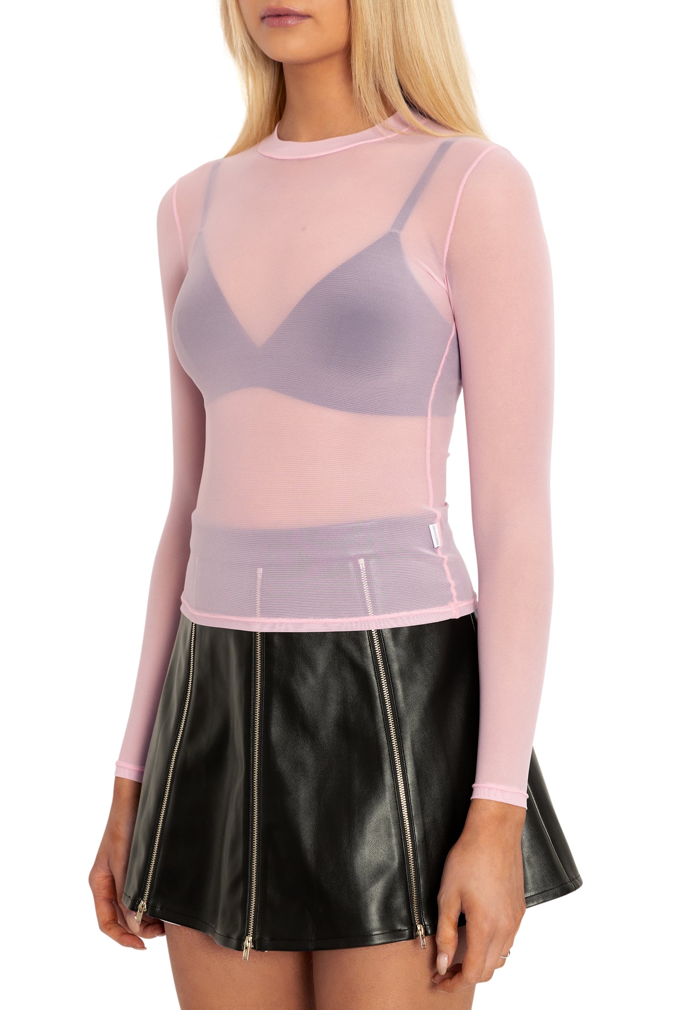 Pastel Pink Sheer High Neck Long Sleeve Top - Image 3
