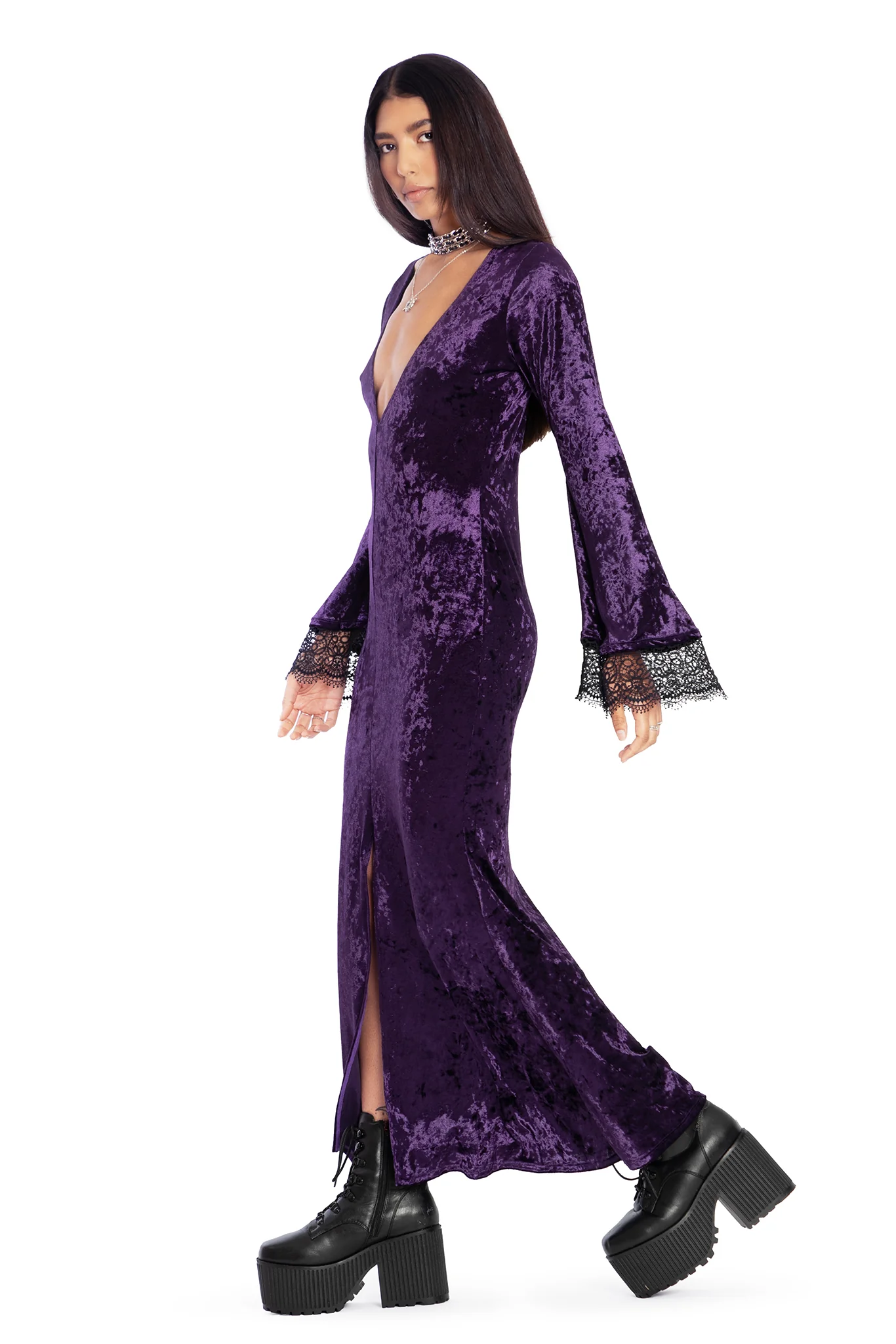 Wiccan Crushed Velvet Split Front Maxi Dress - Image 5