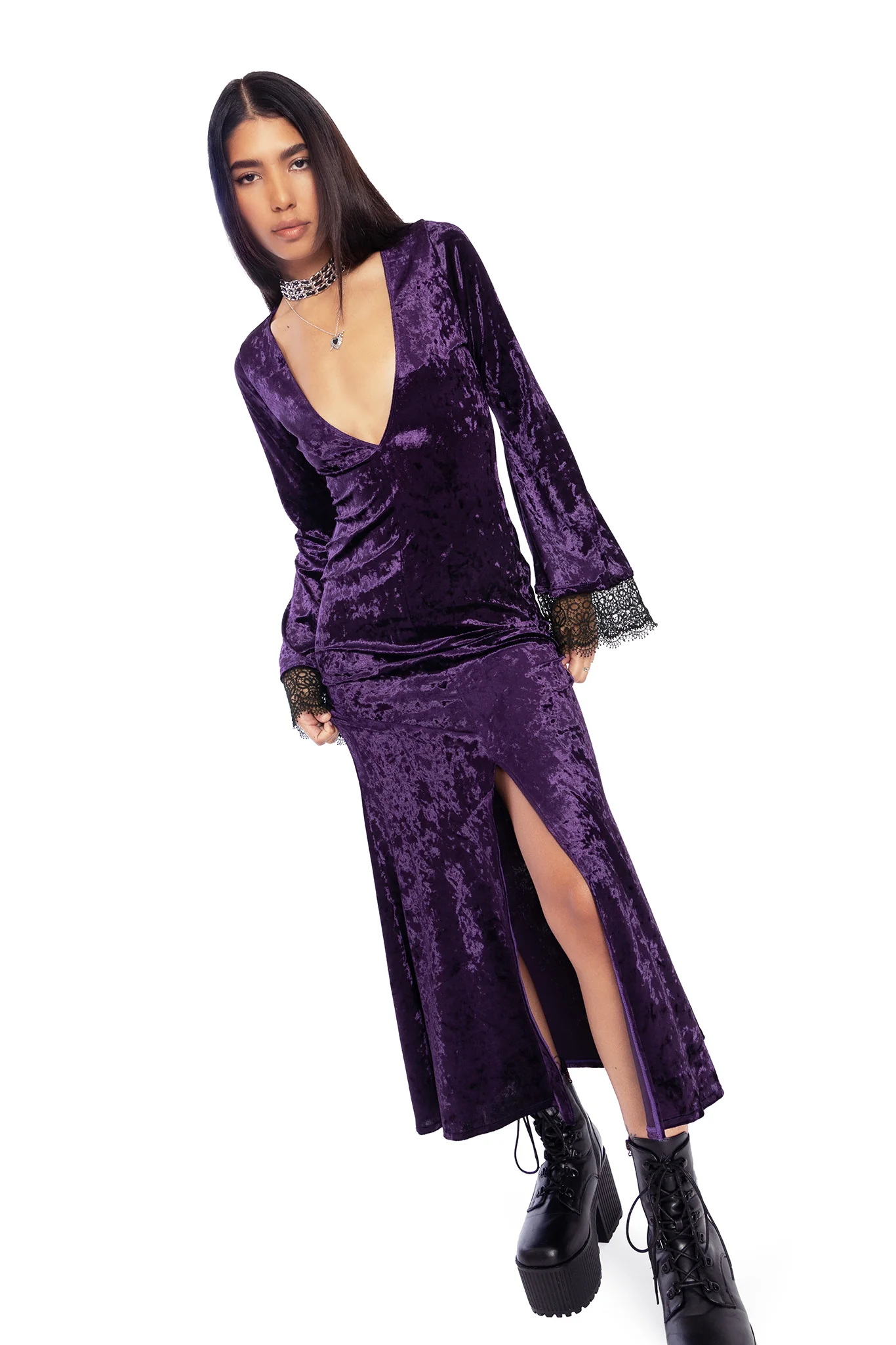 Wiccan Crushed Velvet Split Front Maxi Dress - Image 6